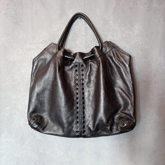 Michael Michael Kors Hobo Bag Studded Top Handle Leather Purse Silver Metallic L - Picture 2 of 14